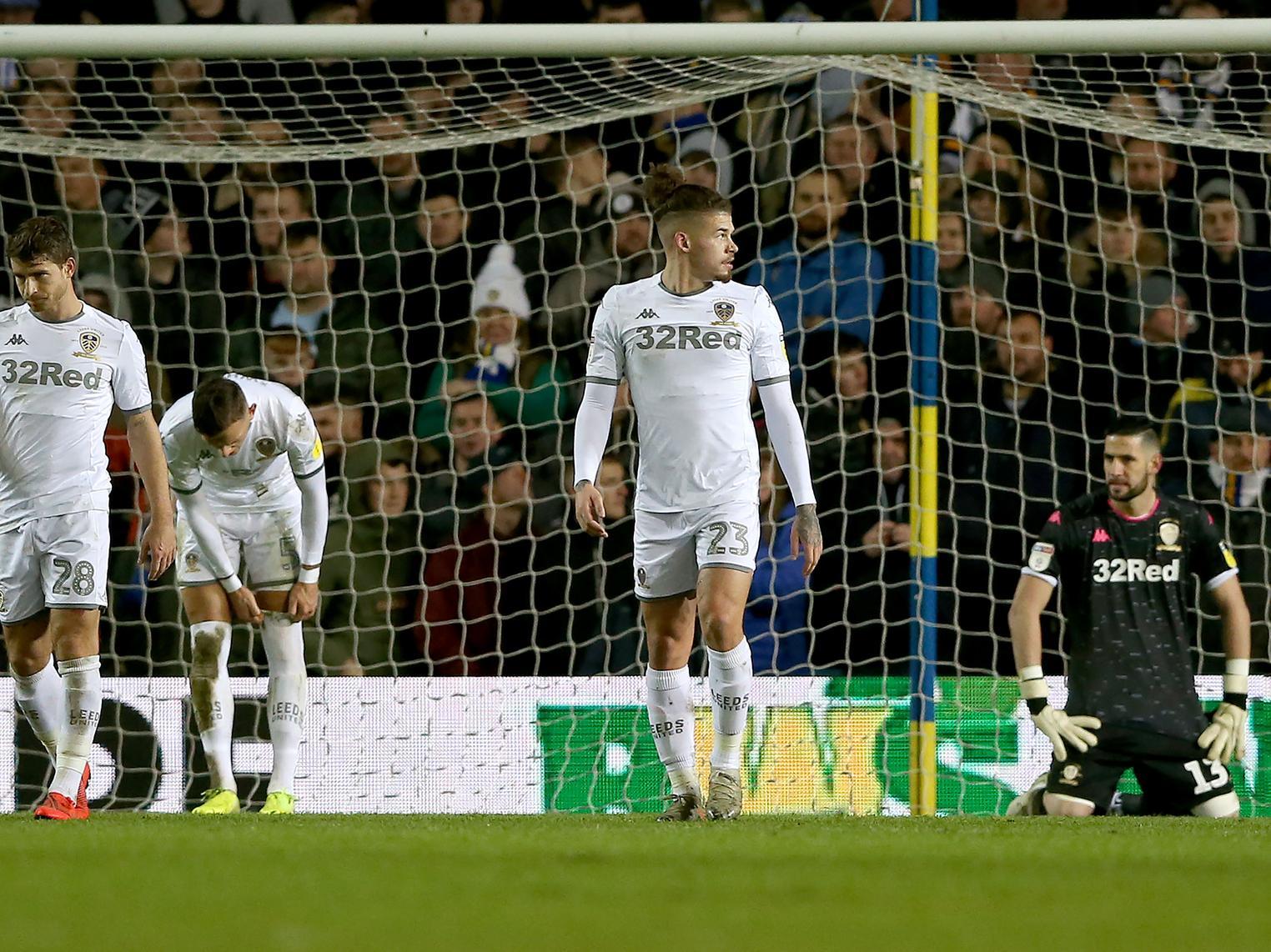 Leeds United players react following Cardiff's late equaliser at Elland Road. (Getty)
