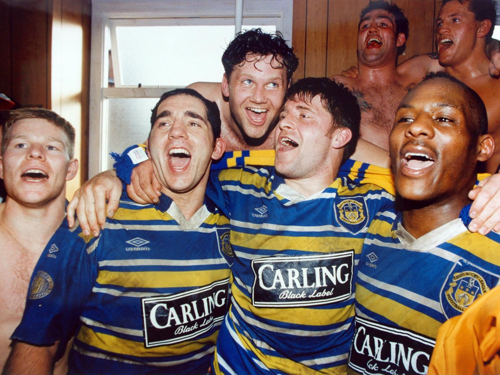 Leeds RL celebrate their Silk Cut Challenge Cup semi final win against St. Helens. Pictured, left to right, are Jason Donohue, Richie Eyres, Neil Harmon, Alan Tait, Gary Rose, Ellery Hanley and Gary Mercer.