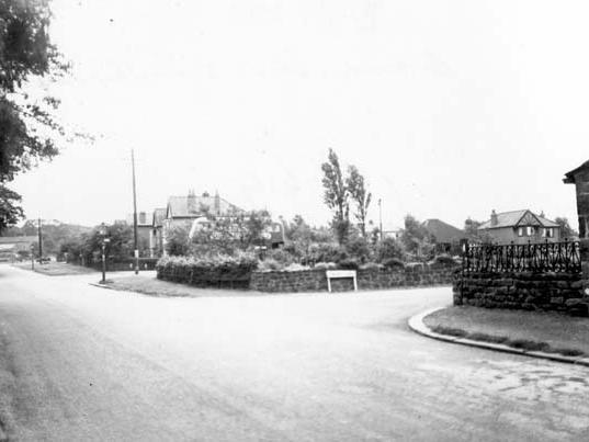 A view looking along Cookridge Lane past junctions with Smithy Lane and Green Lane in July 1952. A bus is visible through the trees. Streetlamps and telegraph poles line the road.