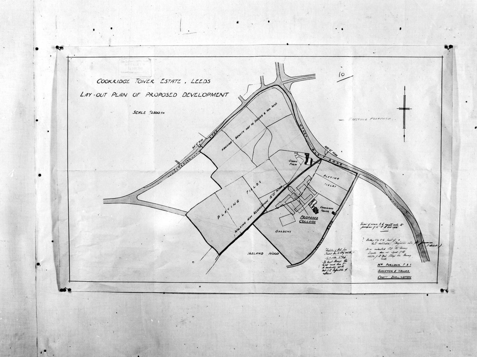 Layout of a proposed development west of Otley Old Road and South of Tinshill Lane in November 1943. This area is now occupied by roads with the prefixes Grove and Haven.