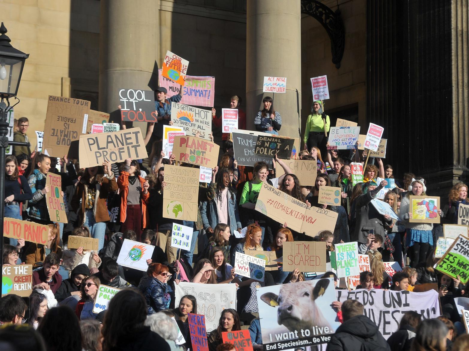 Hundreds of children and young people gathered on the steps of Leeds Town Hall as they went on strike to demand action on climate change.