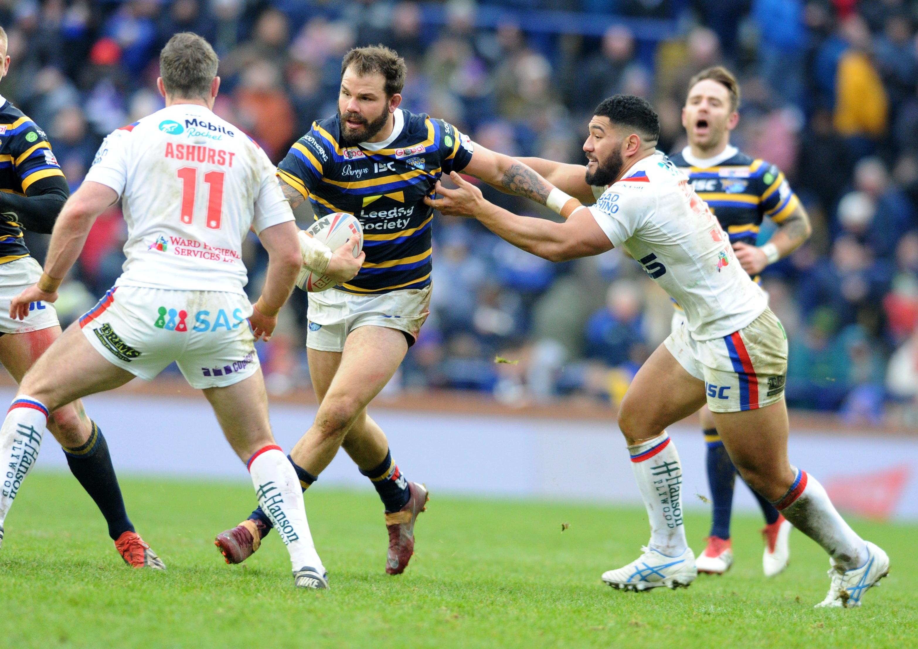 Adam Cuthbertson takes on the Wakefield Trinity defence during today's Wetherby Whaler Festive Challenge.