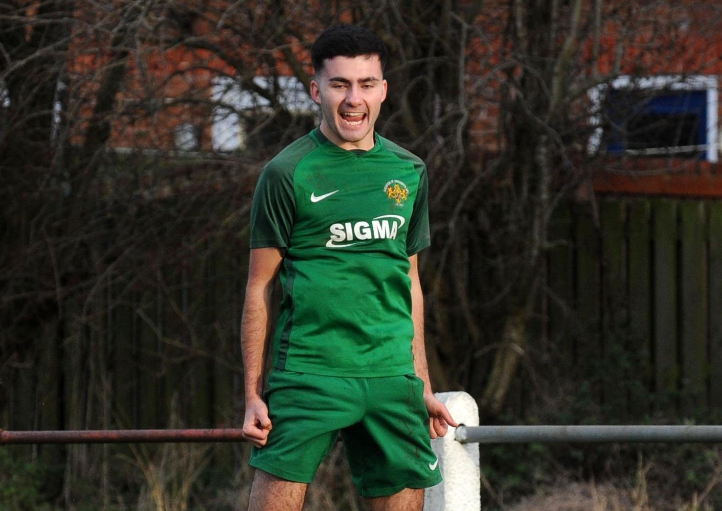 Joe Wood celebrates his goal for Beeston St Anthony's against Robin Hood.