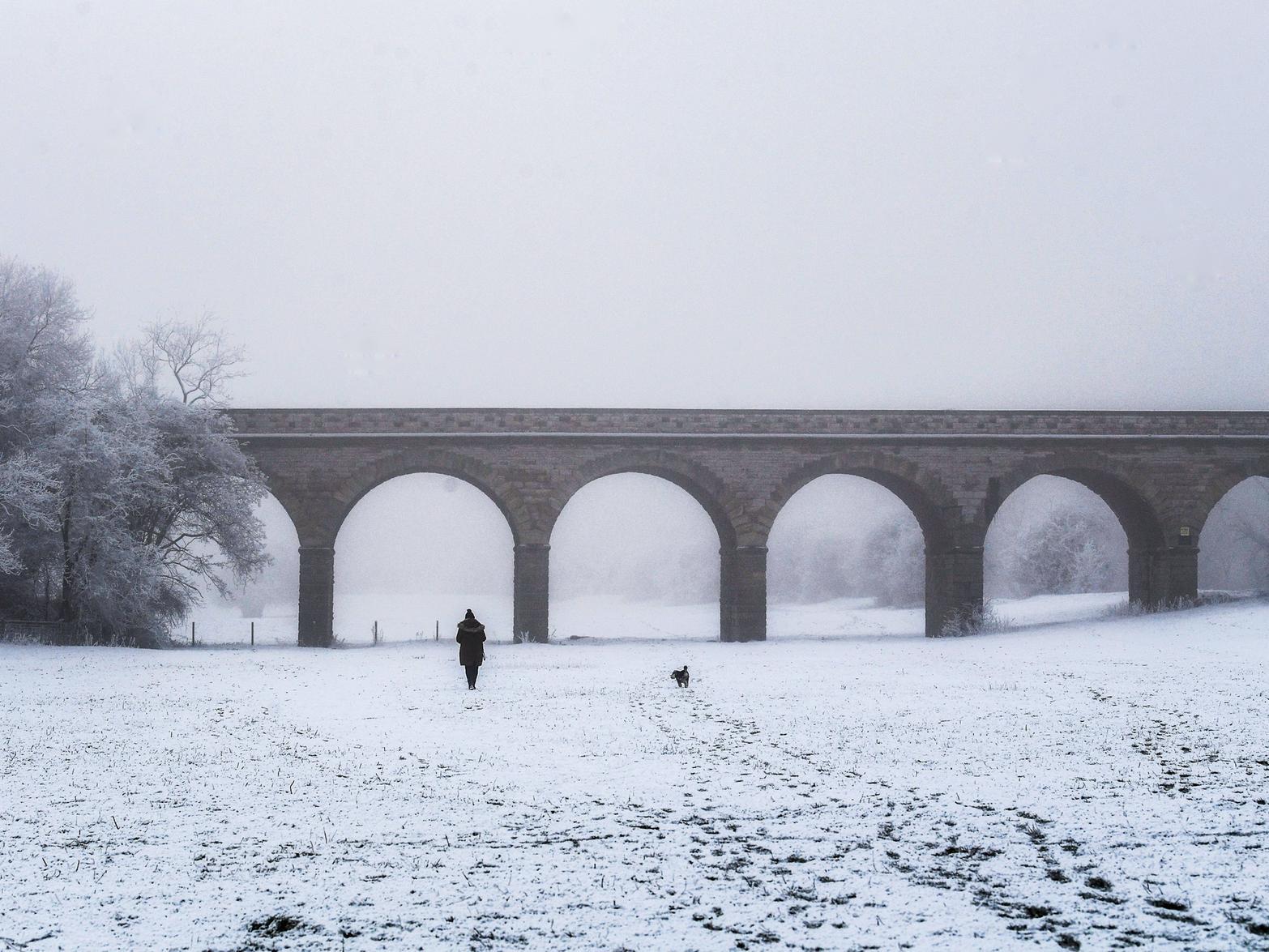 Hoar frost and a light covering of snow in January 2019 helps to show the splendour of Tadcaster viaduct which crosses the River Wharfe.