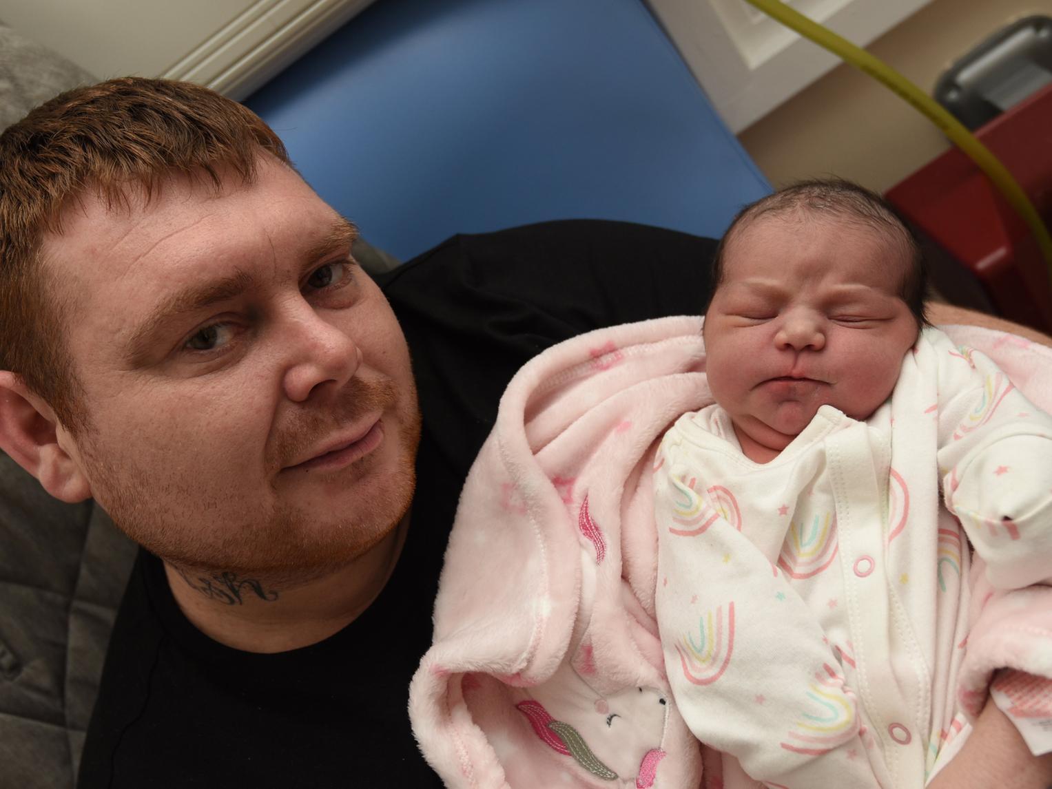 Baby Darcie Mai was born at Royal Preston Hospital on November 10 at 7.53pm, weighing 8lb 5oz, to parents Natasha Lowe and Phillip Thiem, pictured, from Chorley