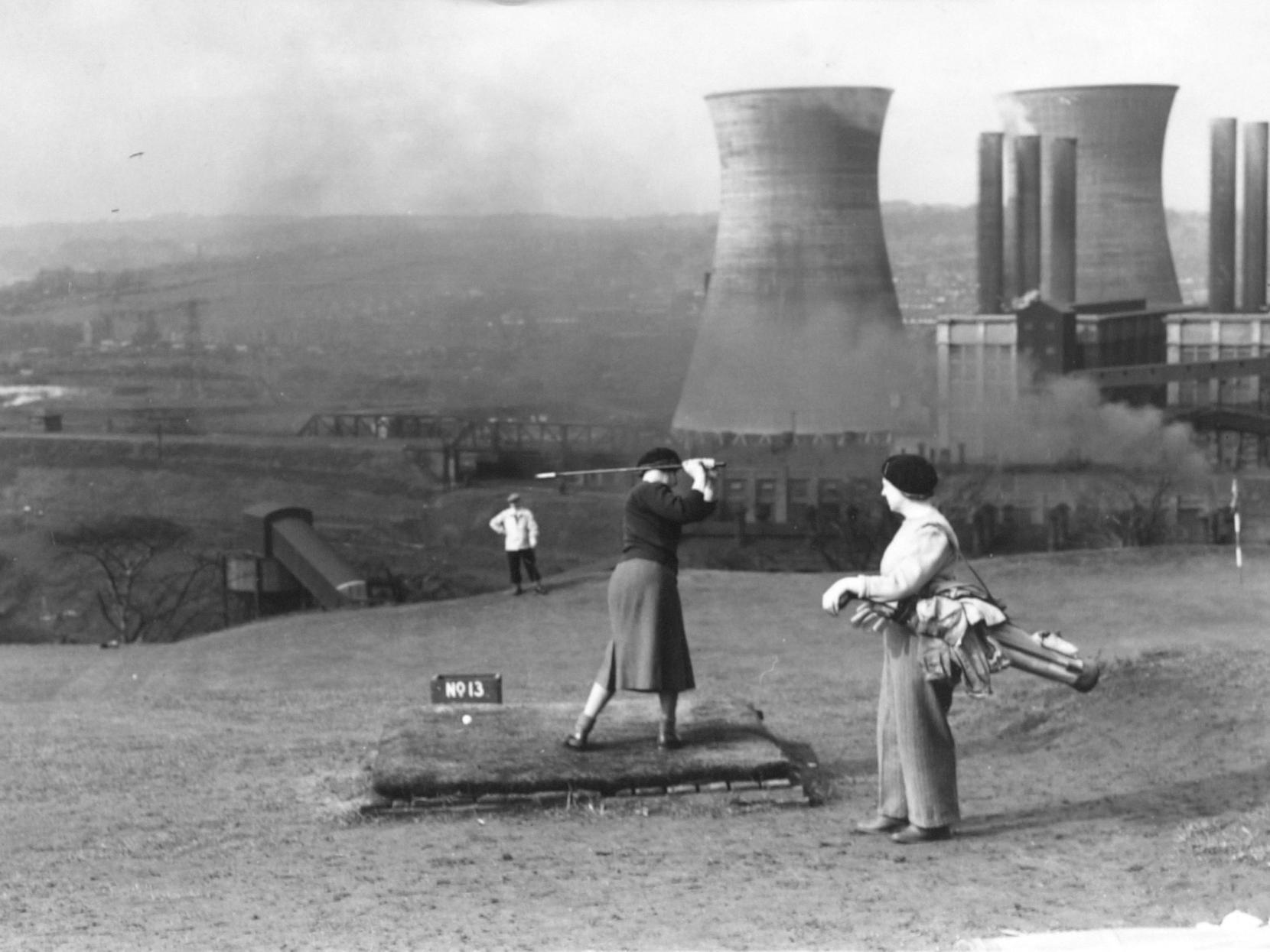 Teeing off at Armley Park - later to be known as Gotts Park - with Kirkstall Power Station in the background.
