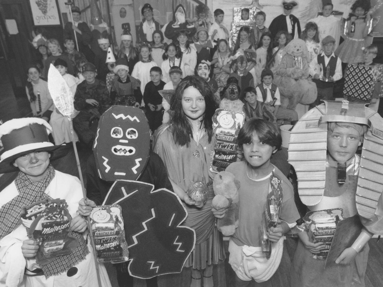 Overdale School held a fancy dress competition in December 1995. The winners are pictured, left to right, Sean Dodsworth as The Snowman, Lee Stone as a tribal warrior, Emma Deighton as Mystic Meg, Shane Davies as a baby, and Daniel Wright as Tutankhamun.