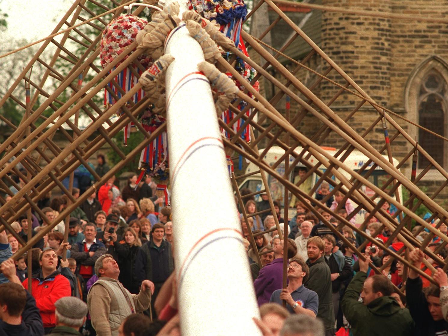 The triennial Maypole Festival at Barwick-in-Elmet in May 1996 and in accordance with the time honoured custom, the maypole was successfully raised by the use of ropes and ladders and an enthusiastic crowd of villagers and visitors.