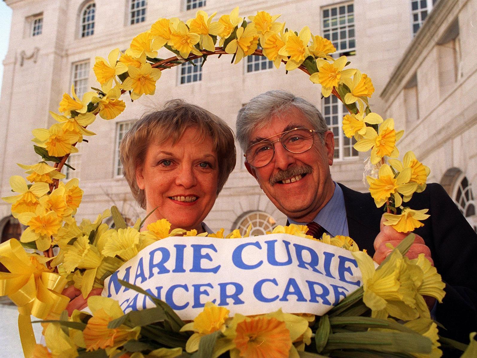 The new leader of Leeds City Council, Coun. Brian Walker, together with Marie Curie Cancer Care nurse, Irene Greaves launches the 1996 Daffodil Day Appeal at Leeds Civic Hall in February 1996.