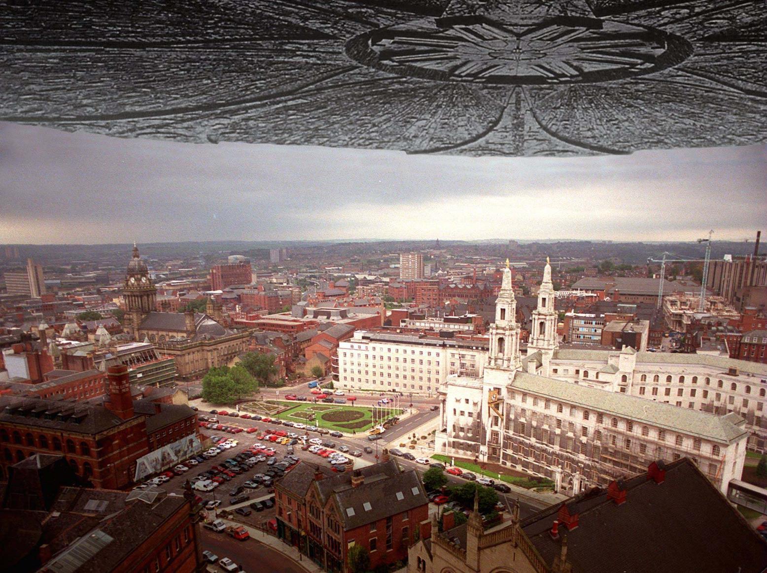 This is what the giant alien spaceship from the blockbusting film "Independence Day" might look like over Leeds Civic Hall, thanks to computer wizardary. The film was being shown locally up to 16 times a day in August 1996.