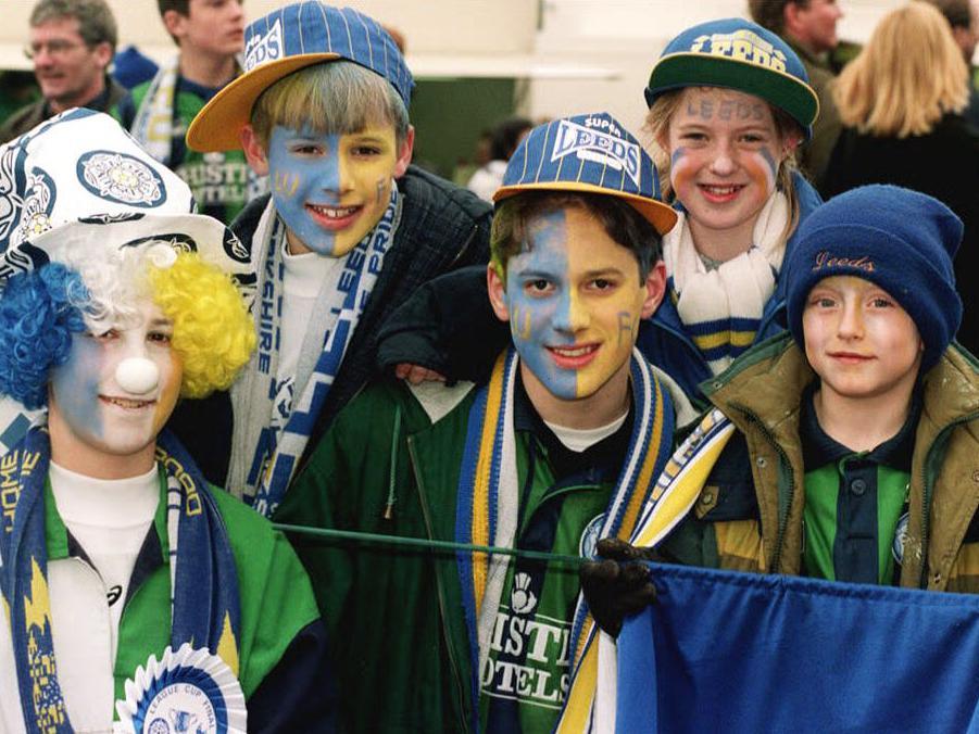 Leeds United fans arrive at Wembley in March 1996 ahead of the Coca-Cola Cup final against Aston Villa. Pictured are Steven Rostron, Tony Hanford, Gareth Hanford, Samantha Vassey and David Thurlow.