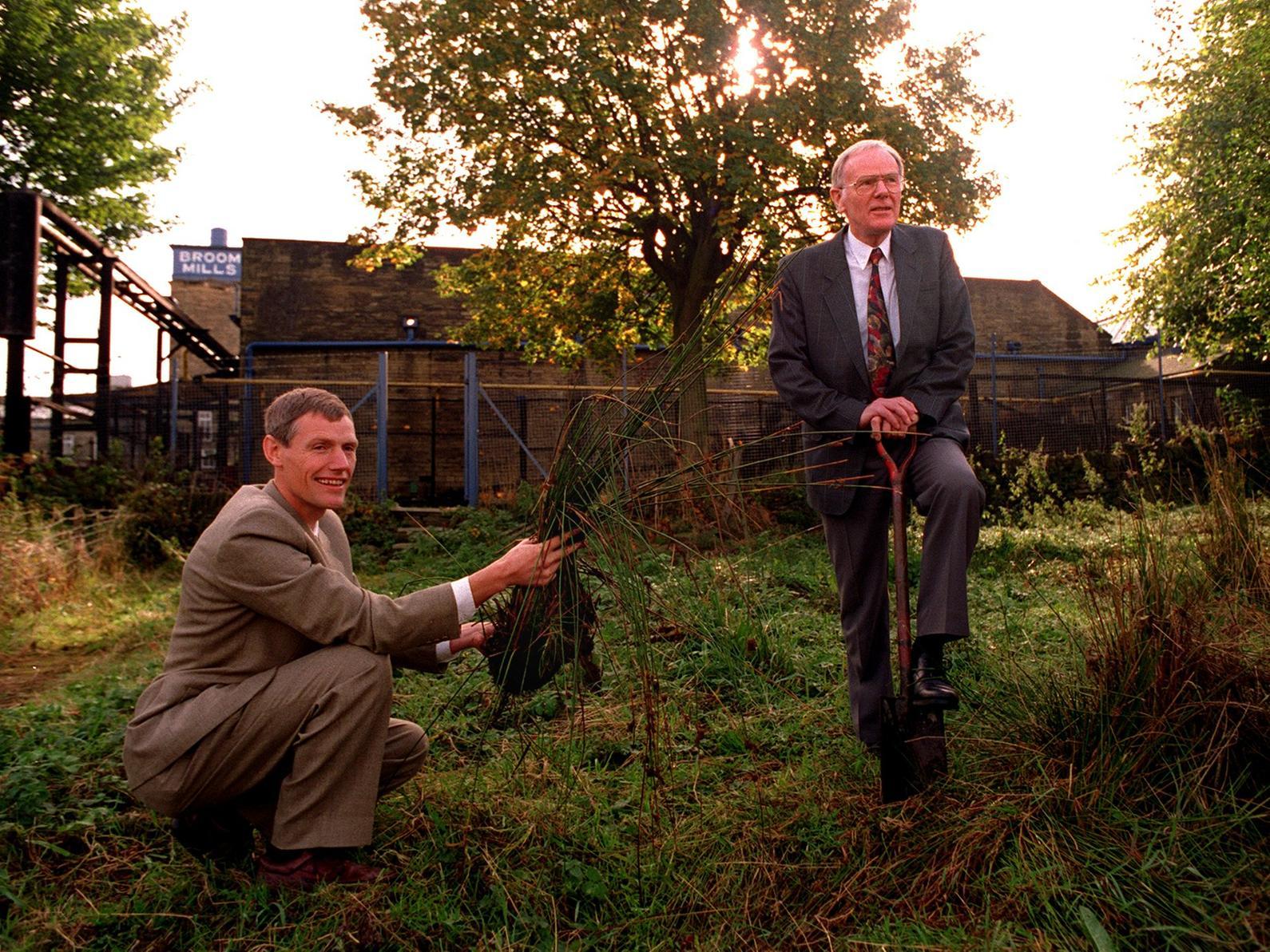 Reuben Gaunt sales director Patrick Gaunt (left) and managing director Nicholas Gaunt were hoping to create a reed bed to clean up effluent at the mill in Farsley. Pictured in October 1996.