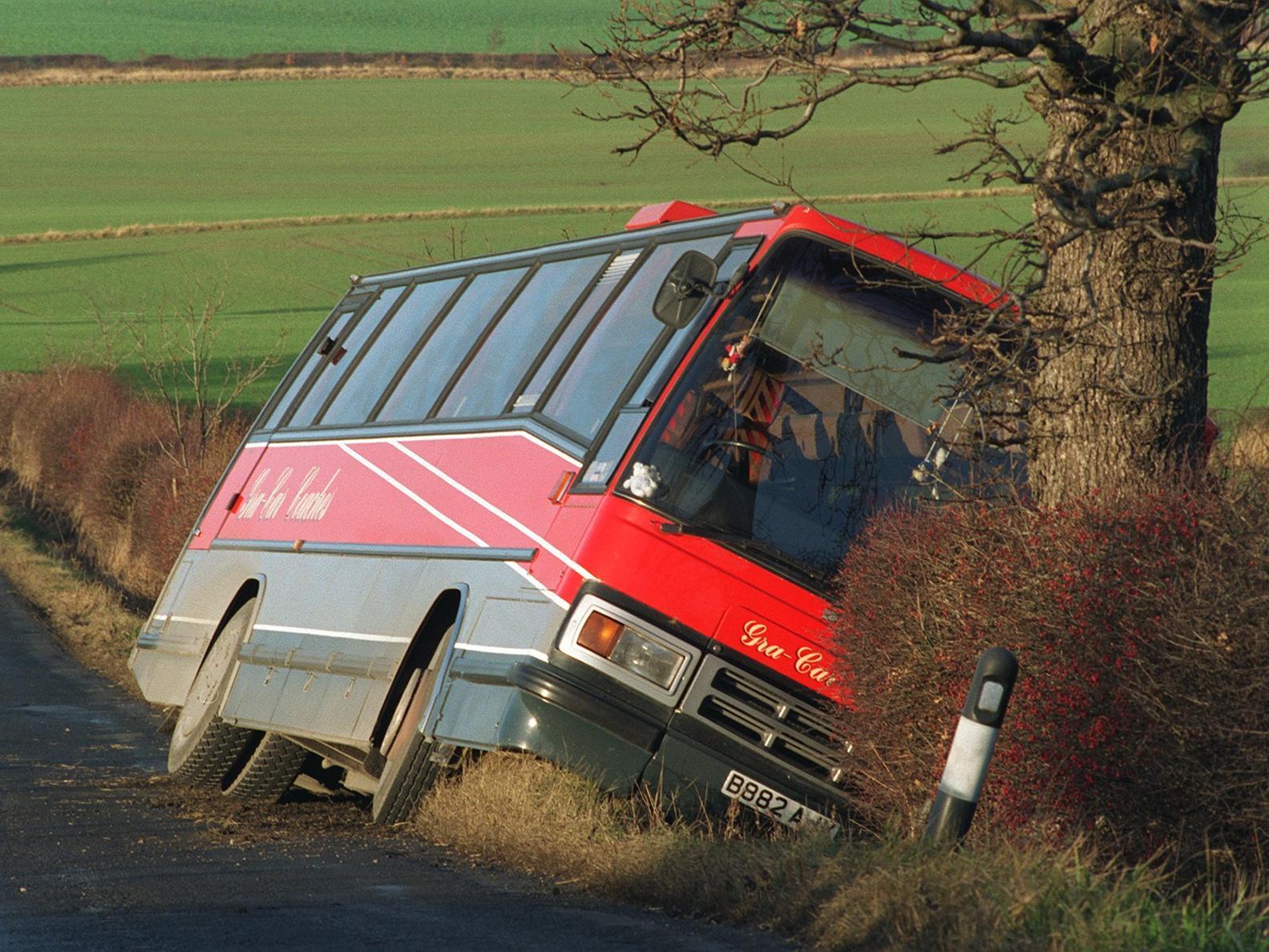 A coach carry pensioners toppled into a ditch on Whitehouse Lane, near Swillington in December 1996.
