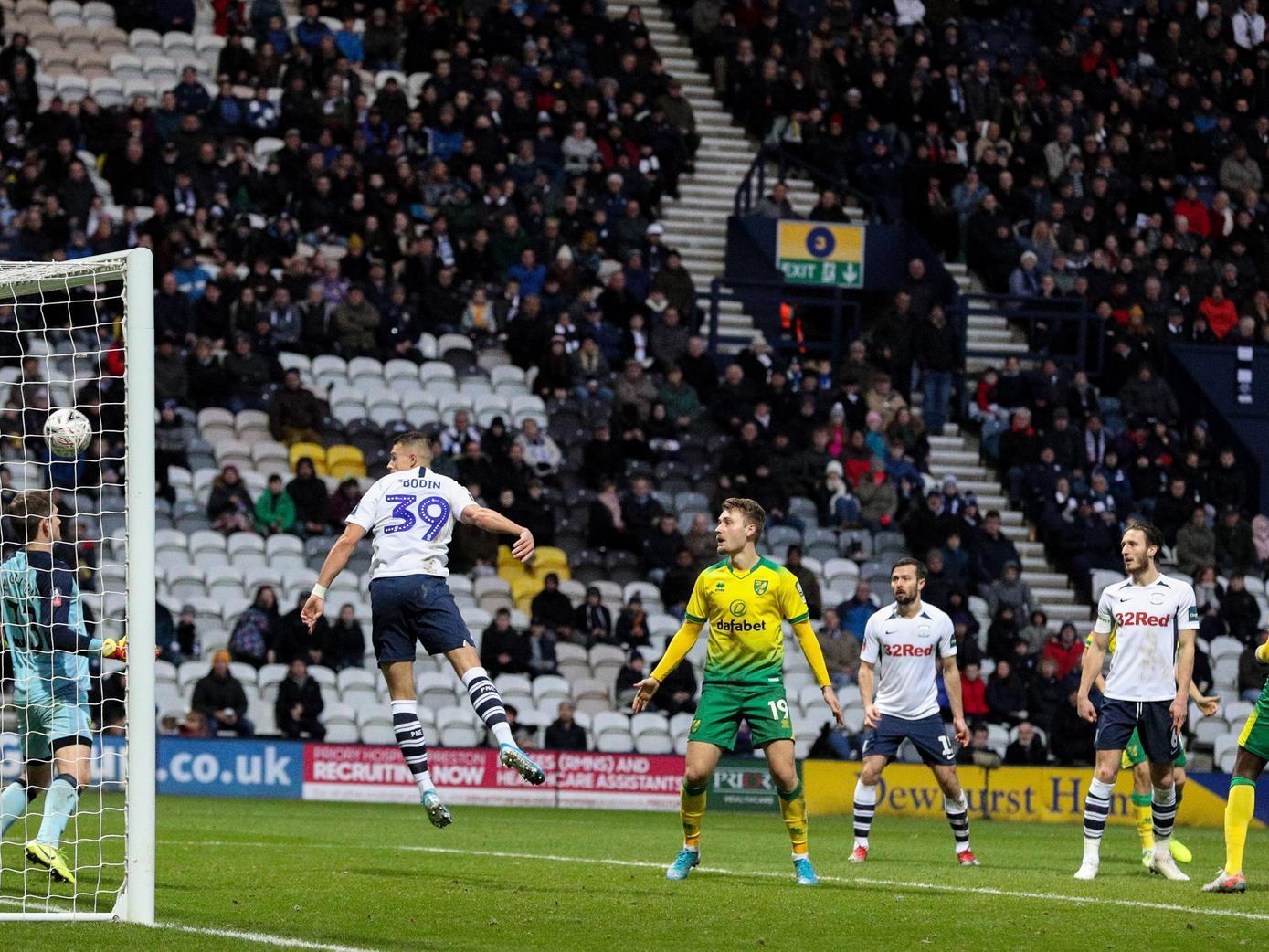 Billy Bodin heads PNE's first goal against Norwich at Deepdale