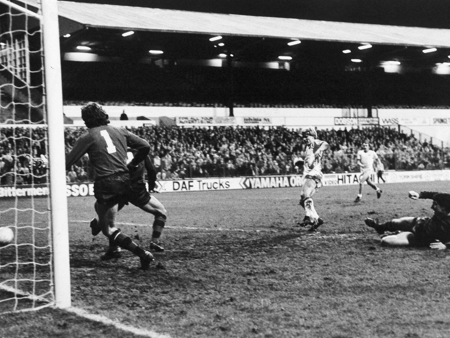 FA Cup fourth round replay action as Aidan Butterworth scores for the Whites at Elland Road. It was cancelled out by a thirty yard free-kick from Graham Rix.