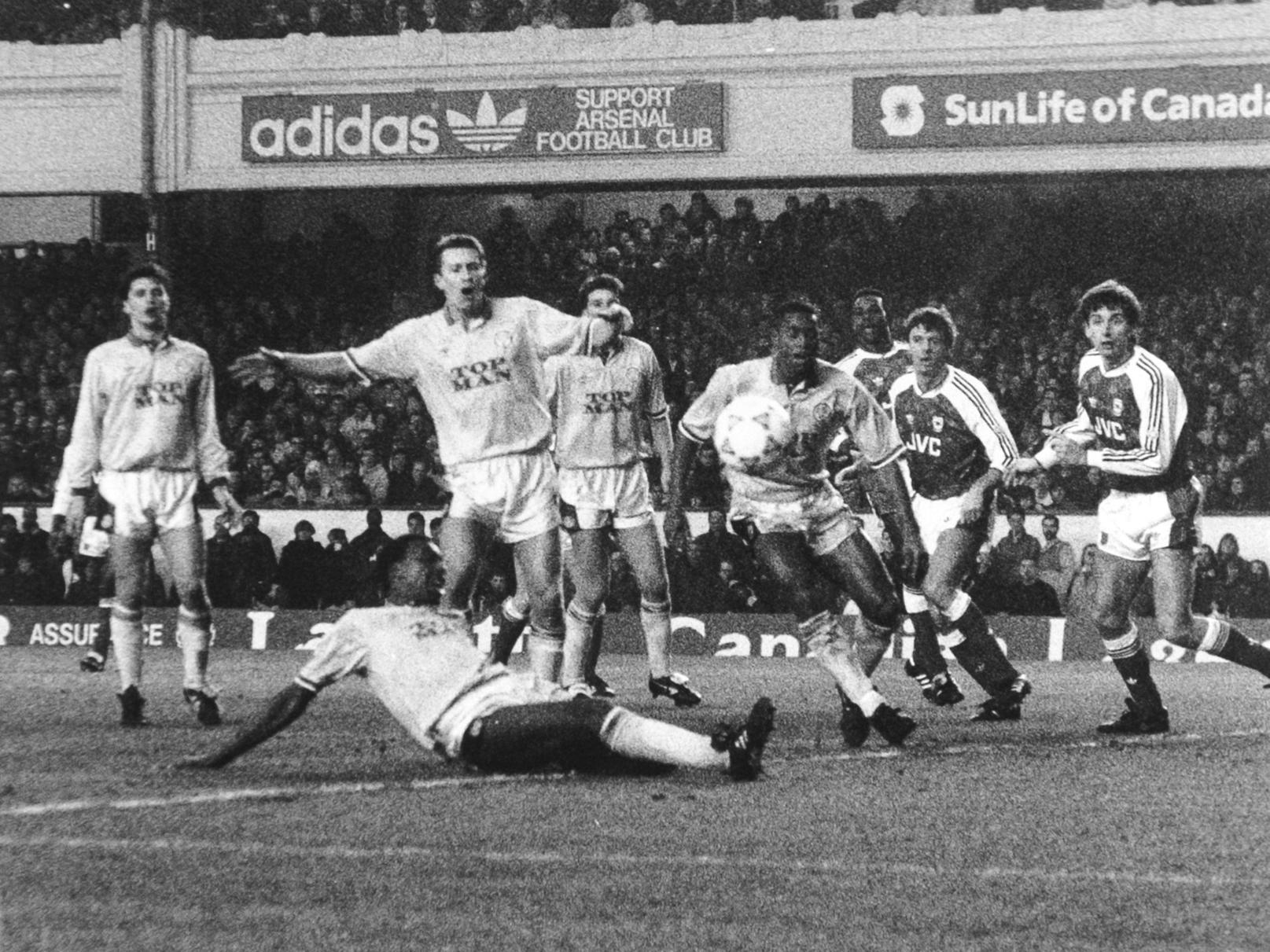 Chris Whyte, Leeds United's man of the match, slides in but the ball went just wide. Were you among the crowd at Highbury?