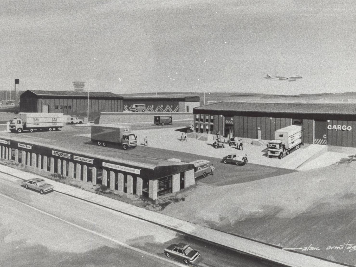 An artist's drawing of the new cargo terminal - a far cry from the old black hangar which had served the purpose for so many years.