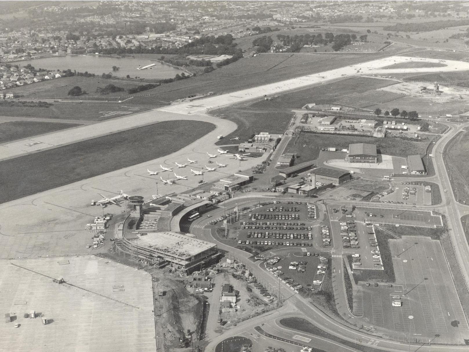 An aerial view of Leeds Bradford Airport in autumn 1984.