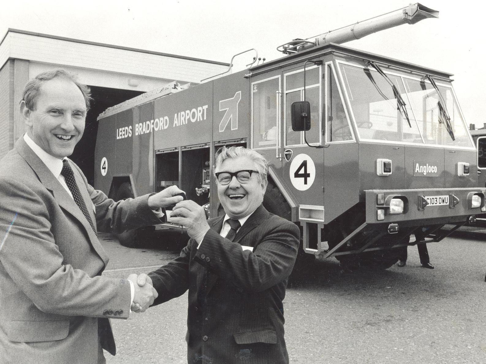 The airport took receipt of a new crash tender. Pictured is Bill Brown (left) managing director of Angloco handing over the keys to Coun Danny Coughlin, deputy chairman of Leeds Bradford Airport Joint Committee.