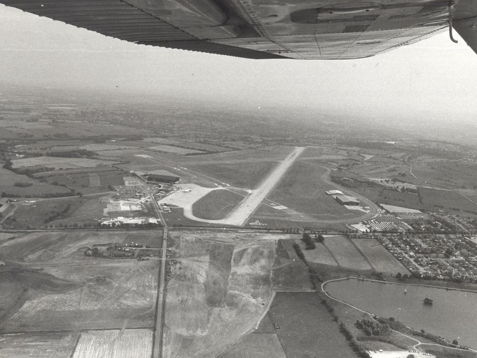 An aerial view of Leeds Bradford Airport showing the progress of the runway extension.