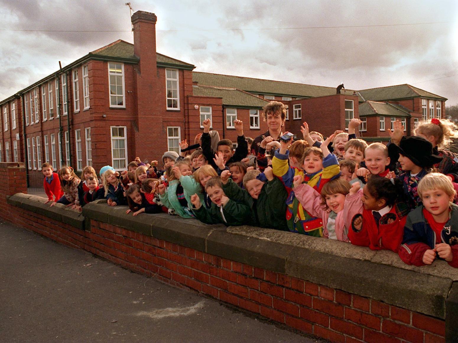 February 1997 and pupils at Bentley Primary celebrate after been told that Leeds City Council would look into providing money for a security fence around the school.