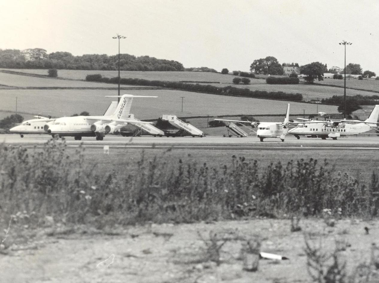 The grounded Capital Airlines aircraft on the tarmac at Leeds Bradford Airport