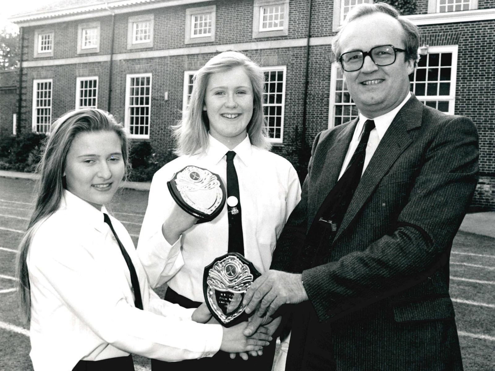 Wakefield Girls High School. Chief Education Officer Tony Lenney presents sports awards. Published in the Wakefield Express 17.5.1991.
