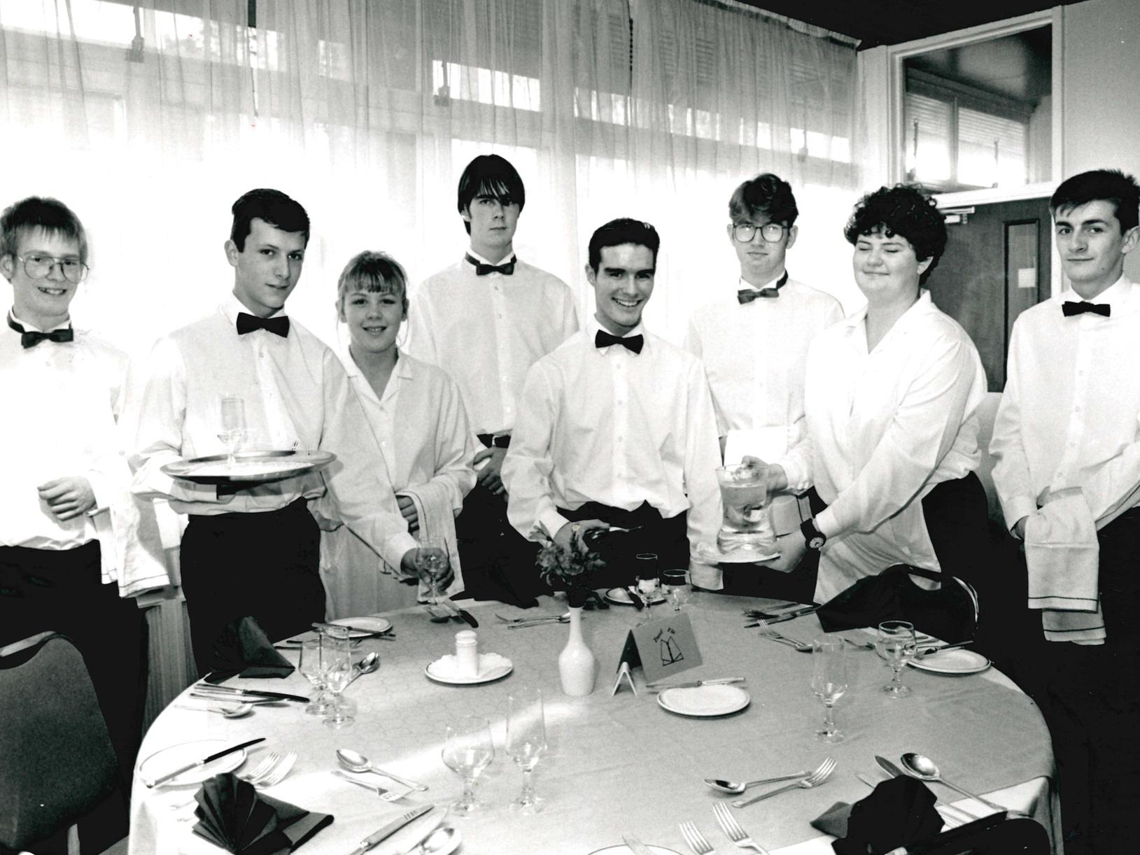 Wakefield District College. Catering students in the training restaurant. Published in the Midweek Extra 31.10.1991.
