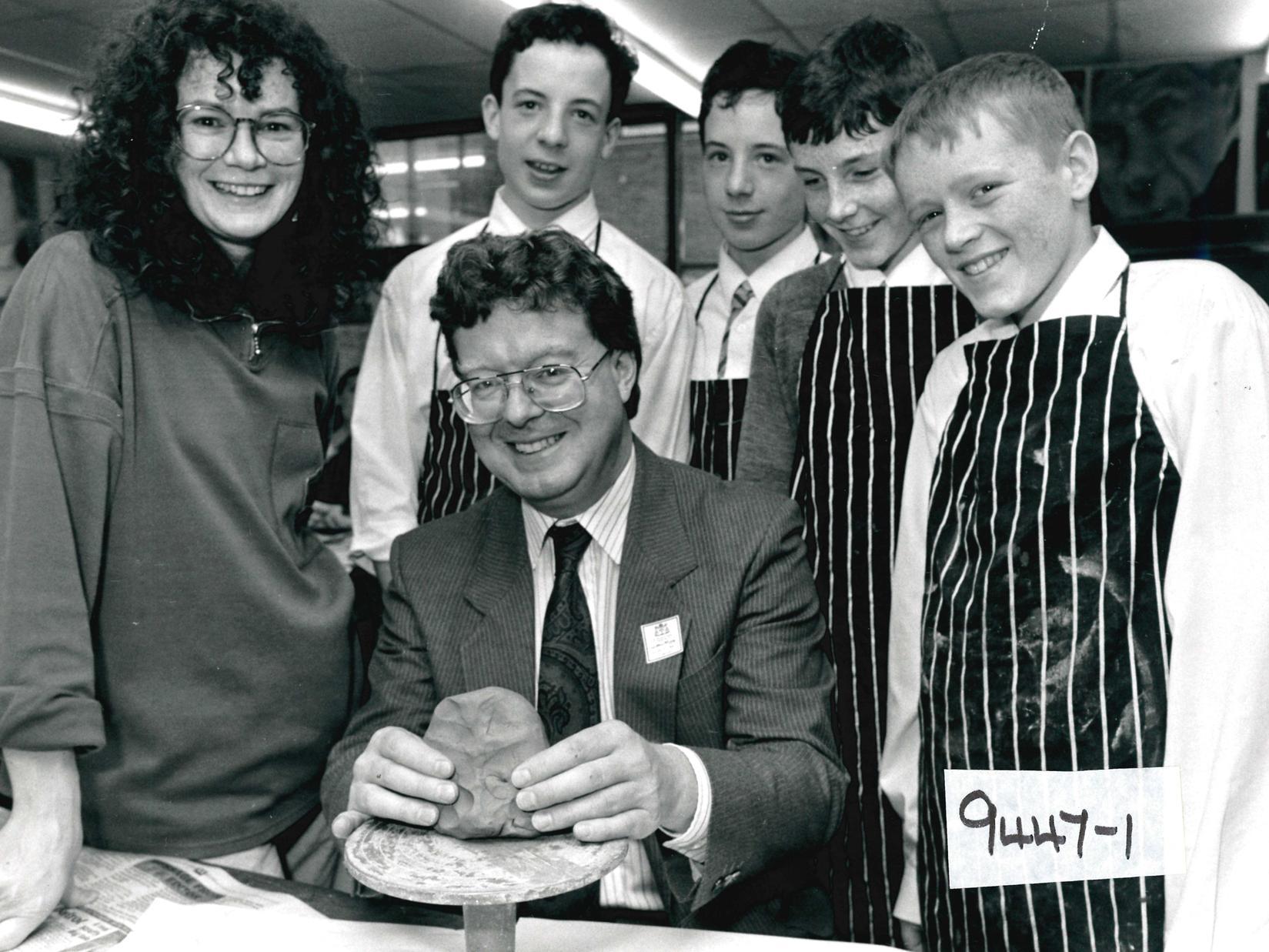 St Thomas a Beckett School. Artist in residence Caroline Chaucer with Chief Education Officer John McLeod and pupils. Published in the Wakefield Express 2.12.1994.