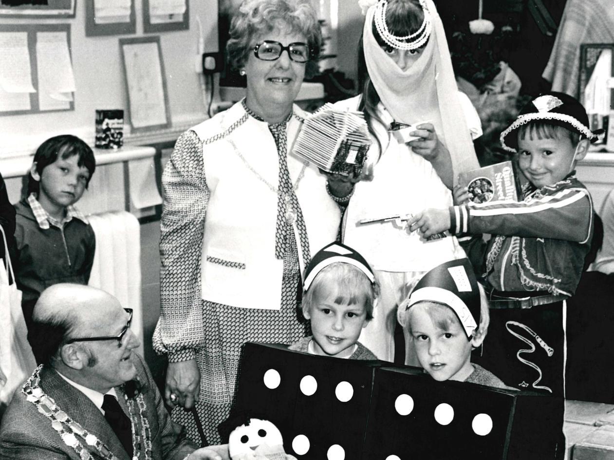 Normanton First School. Councillor and Mrs Jim Kerry present prizes to winners of the fancy dress competition. Published in the Wakefield Express 6.7.1979.