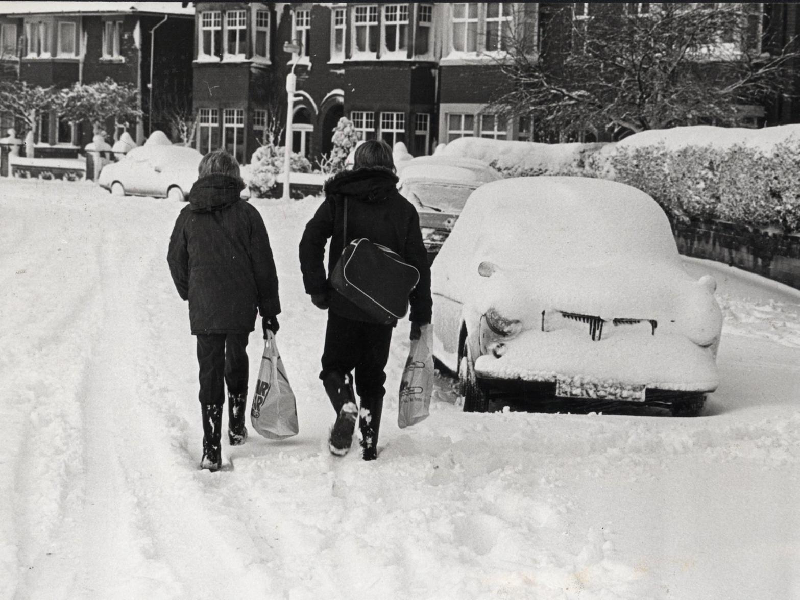 Most schools were closed for a day or two when the snow fell in January 1982, but these hardy chaps were determined to get through in Fairhaven.