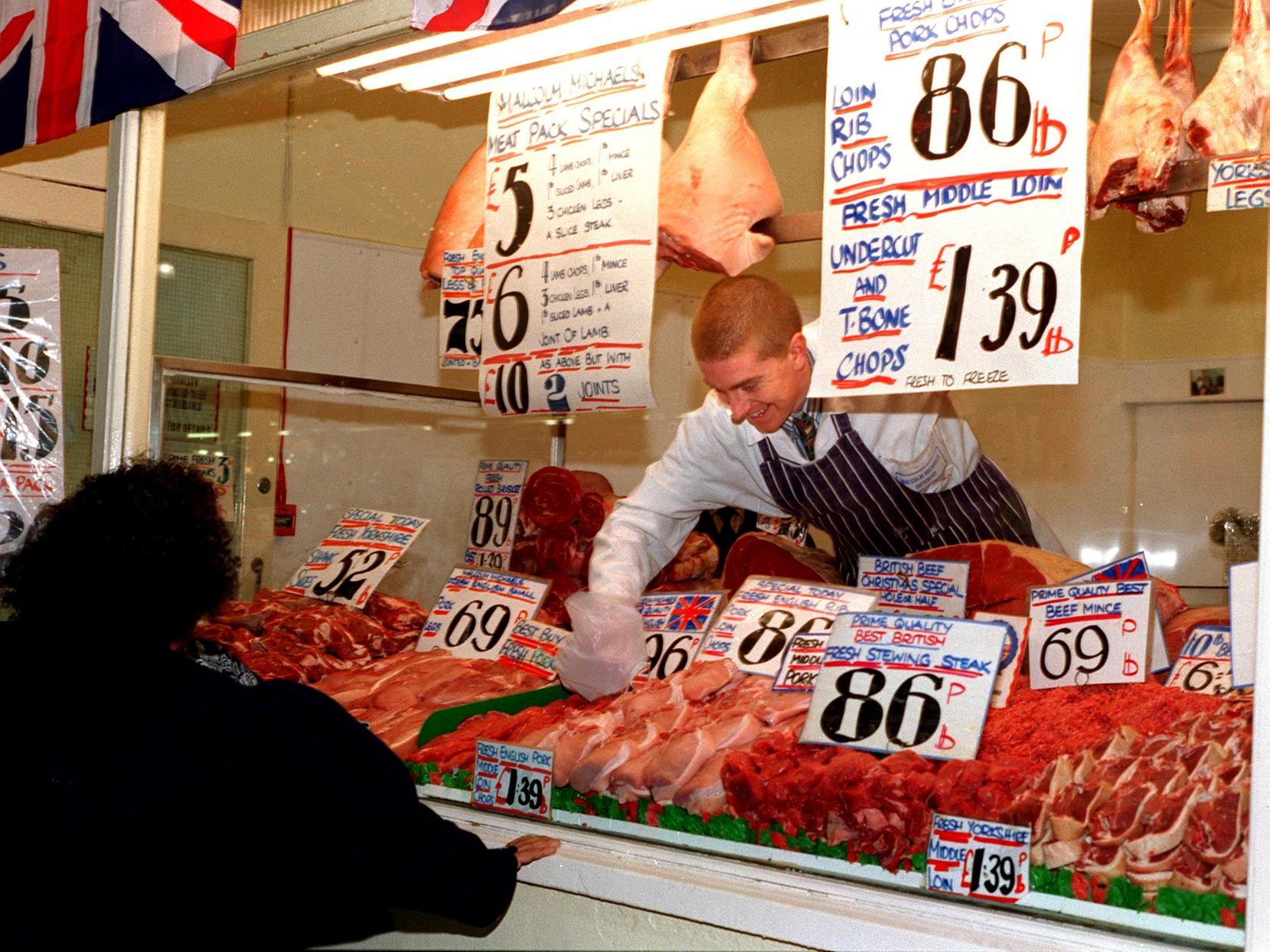This is Butchers Row at Kirkgate Market in December 1997 after sales of beef on the bone were banned. 