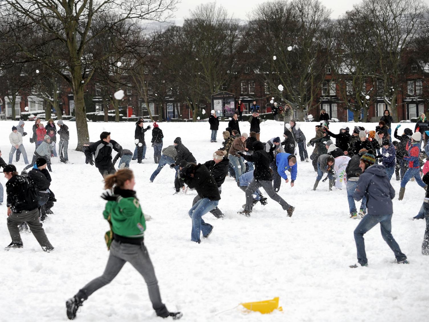 Spot the flying snowballs as the mass fight really got going.