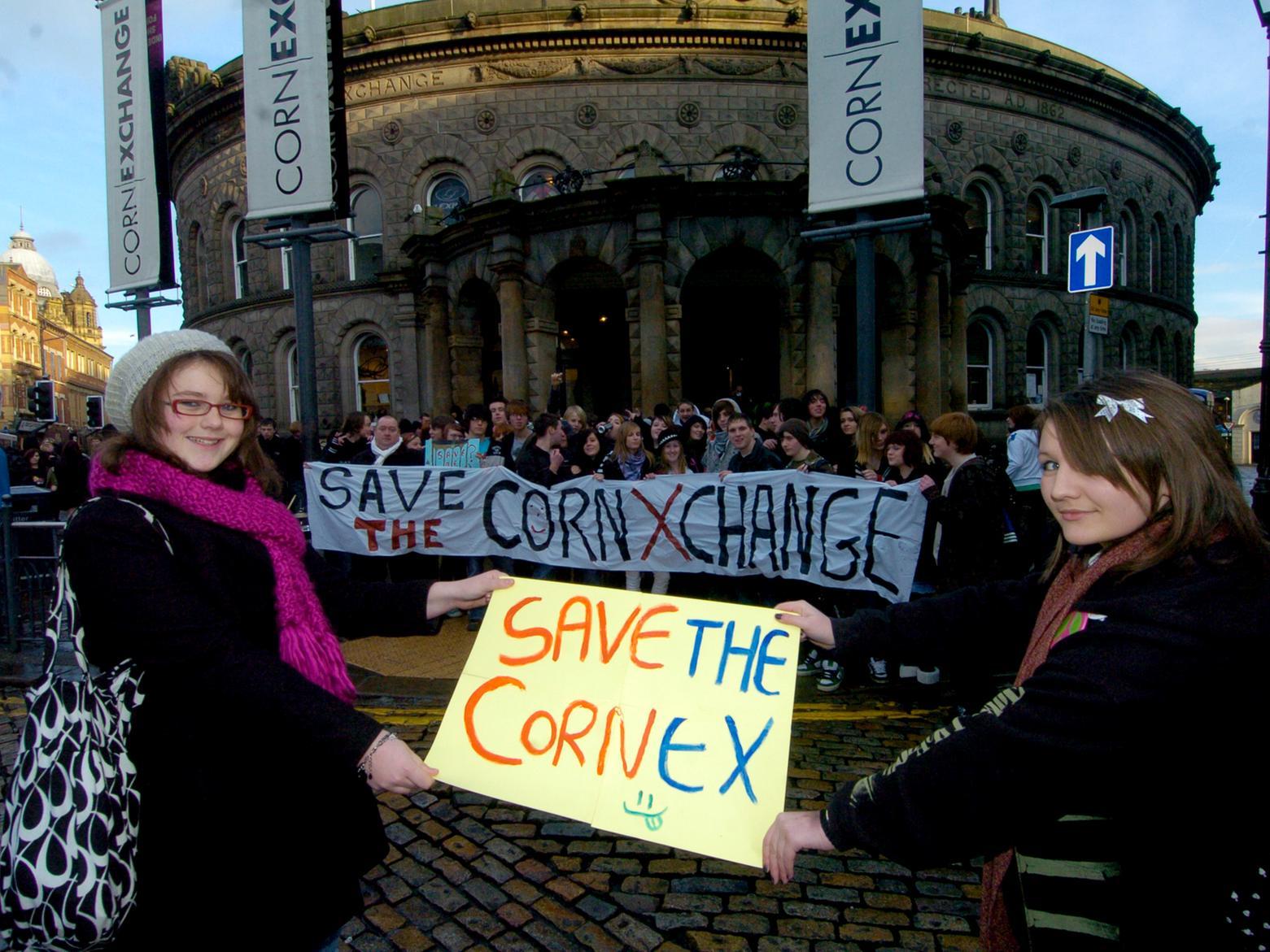 Youngsters protested about council plans to change of use of the Corn Exchange. Pictured front, left to right, are Emily Hall and Katie Middleton with protesters looking on.