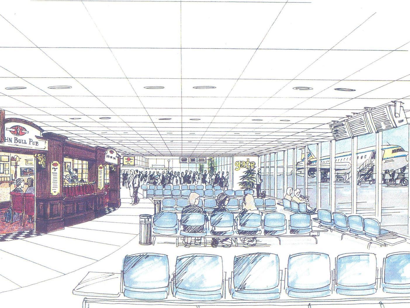An artists impression of the departure lounge and John Bull pub. Pint at 7am anyone?