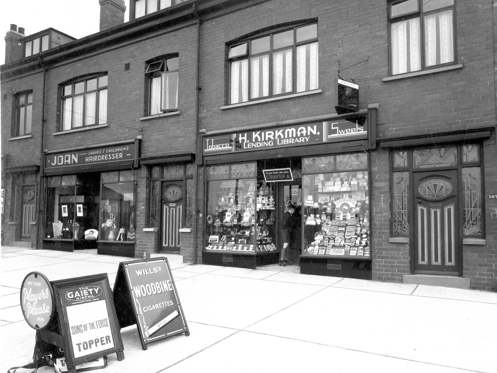 Gipton's Easterly Road which was the business premises of H. Kirkman, Tobacconist, Confectioner, Lending Library and  Joan's Ladies and Children's Hairdressers.