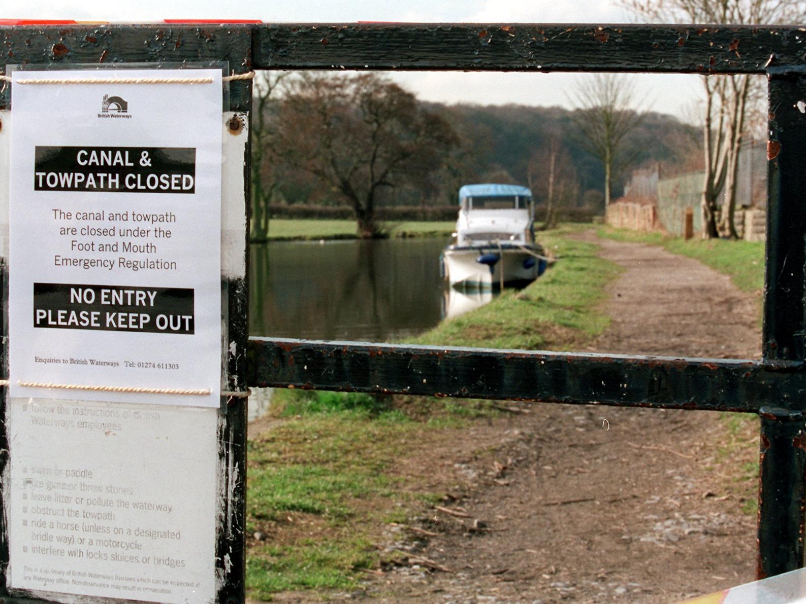 The Leeds Liverpool canal towpath close to Calverley Bridge was shut to walkers due to the foot and mouth epidemic.
