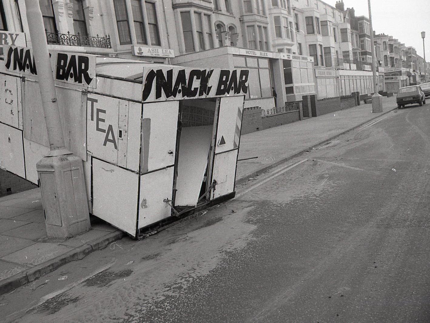 Damage to a snack bar after floods in Blackpool