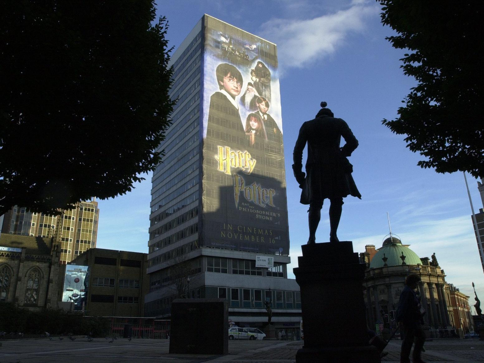 Royal Exchange House in City Square was advertising the upcoming release of the first Harry Potter film.