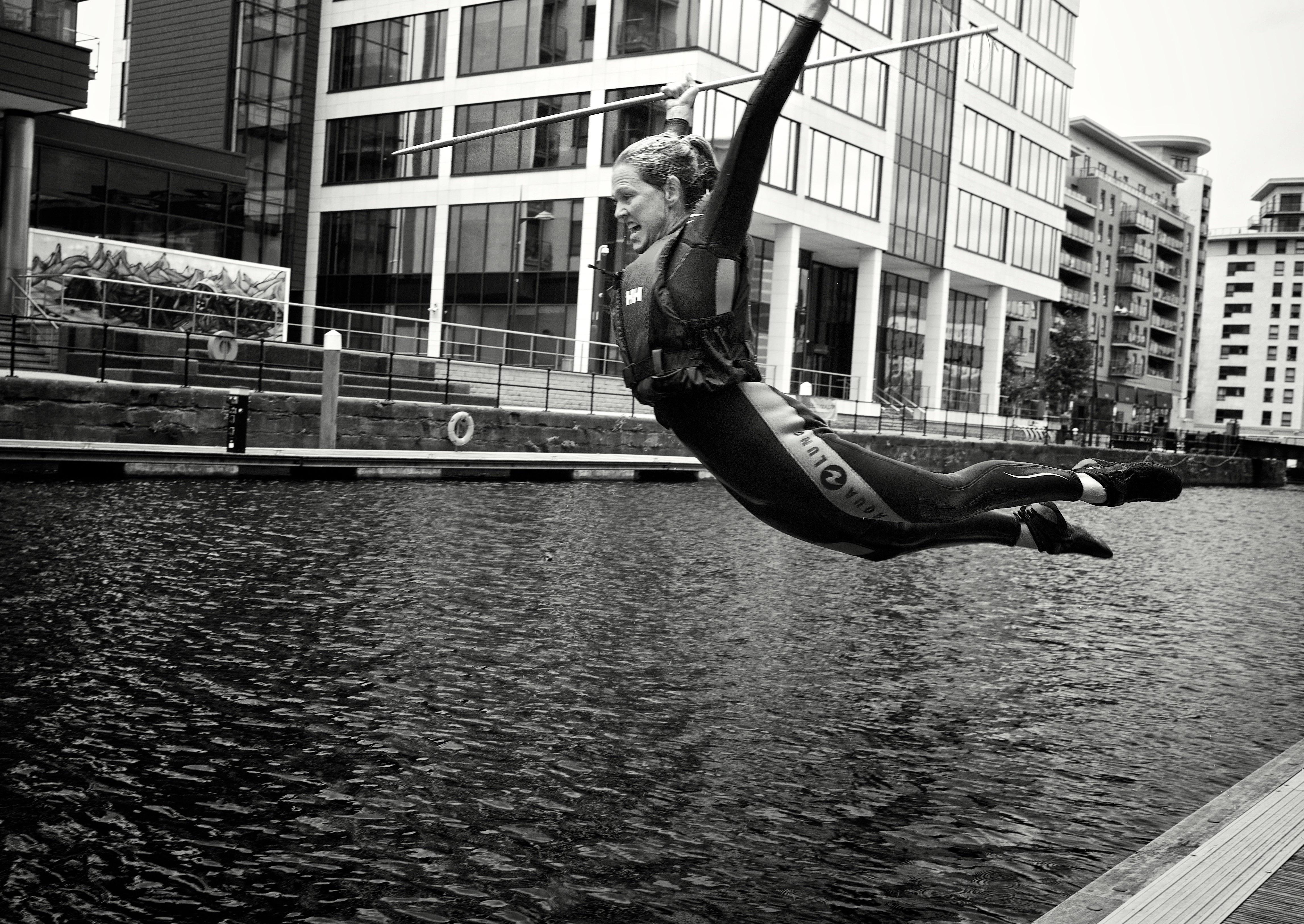 MASTERCLASS: Movement director Lucy Hind shows actors how to harpoon for 'The White Whale' play at Leeds Dock. Picture: James Phillips.