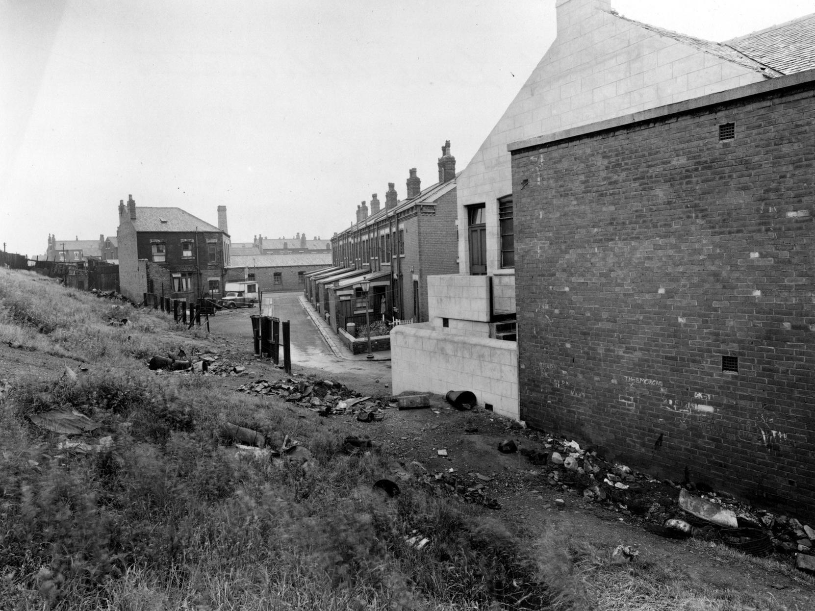 Cross Green's Back Easy Road, seen in centre, taken from an area known locally as 'the quarry'. This locality housed an assortment of piggeries, henruns and stables. The white building is the rear of East Leeds Working Men's Club.