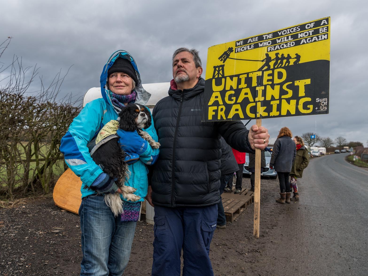 Anti-fracking campaigners Ginnie Shaw, of Osbaldwick, York, and Peter Shaw, of Pickering, near the entrance of the Third Energy fracking site.