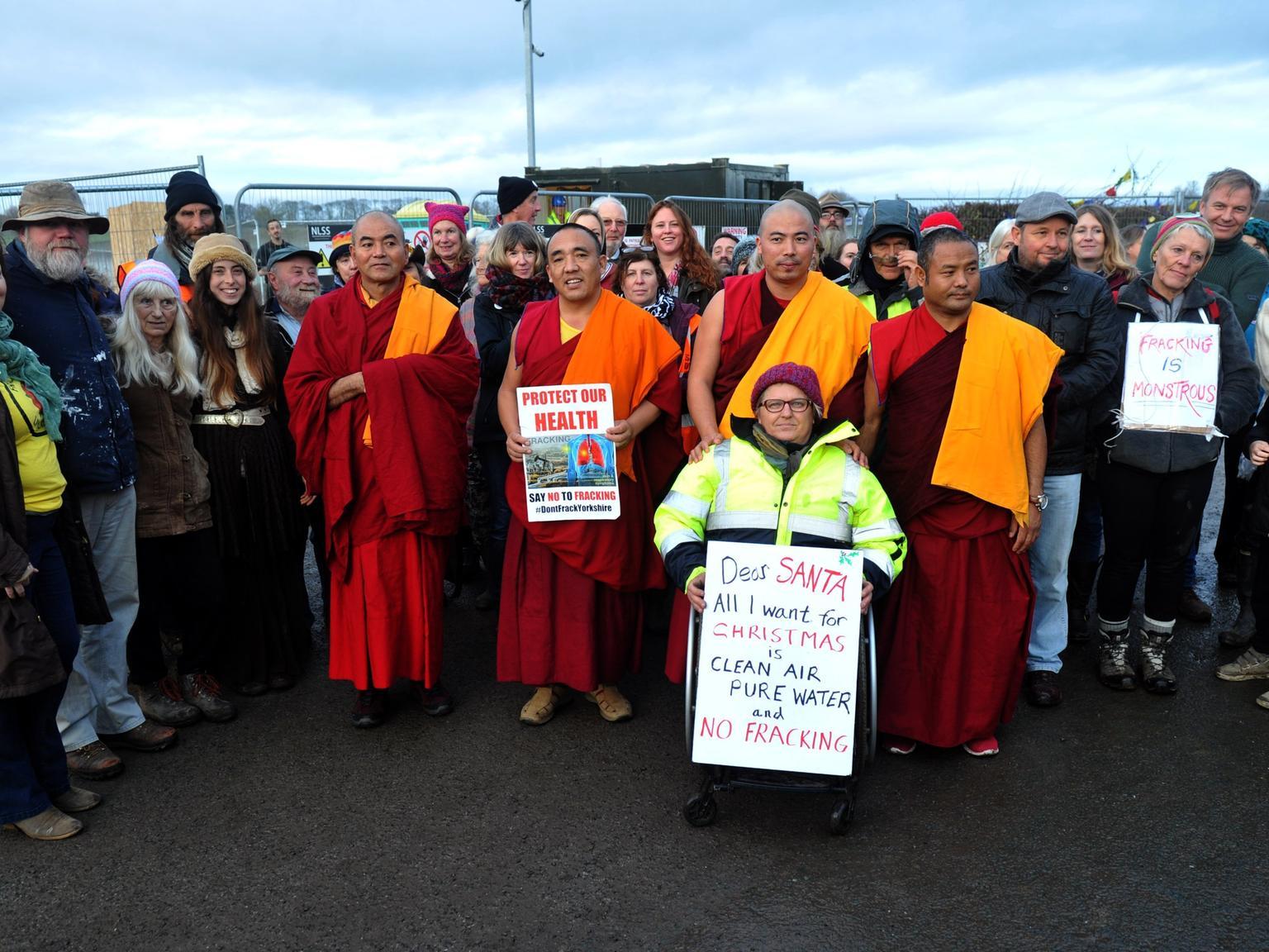 December 2017, and the Dalai Lama's Gyoto Monks pose with anti fracking demonstrators at Kirby Misperton