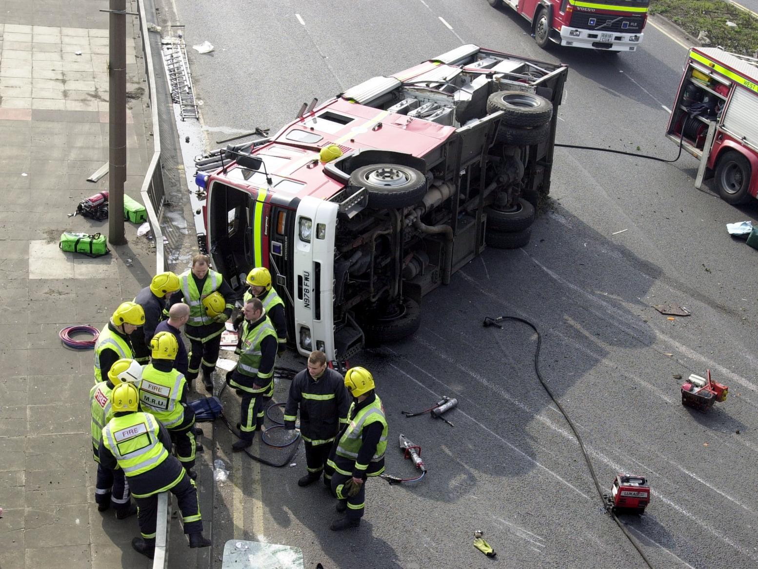 This was the scene after a fire engine overturned on Hunslet Road.