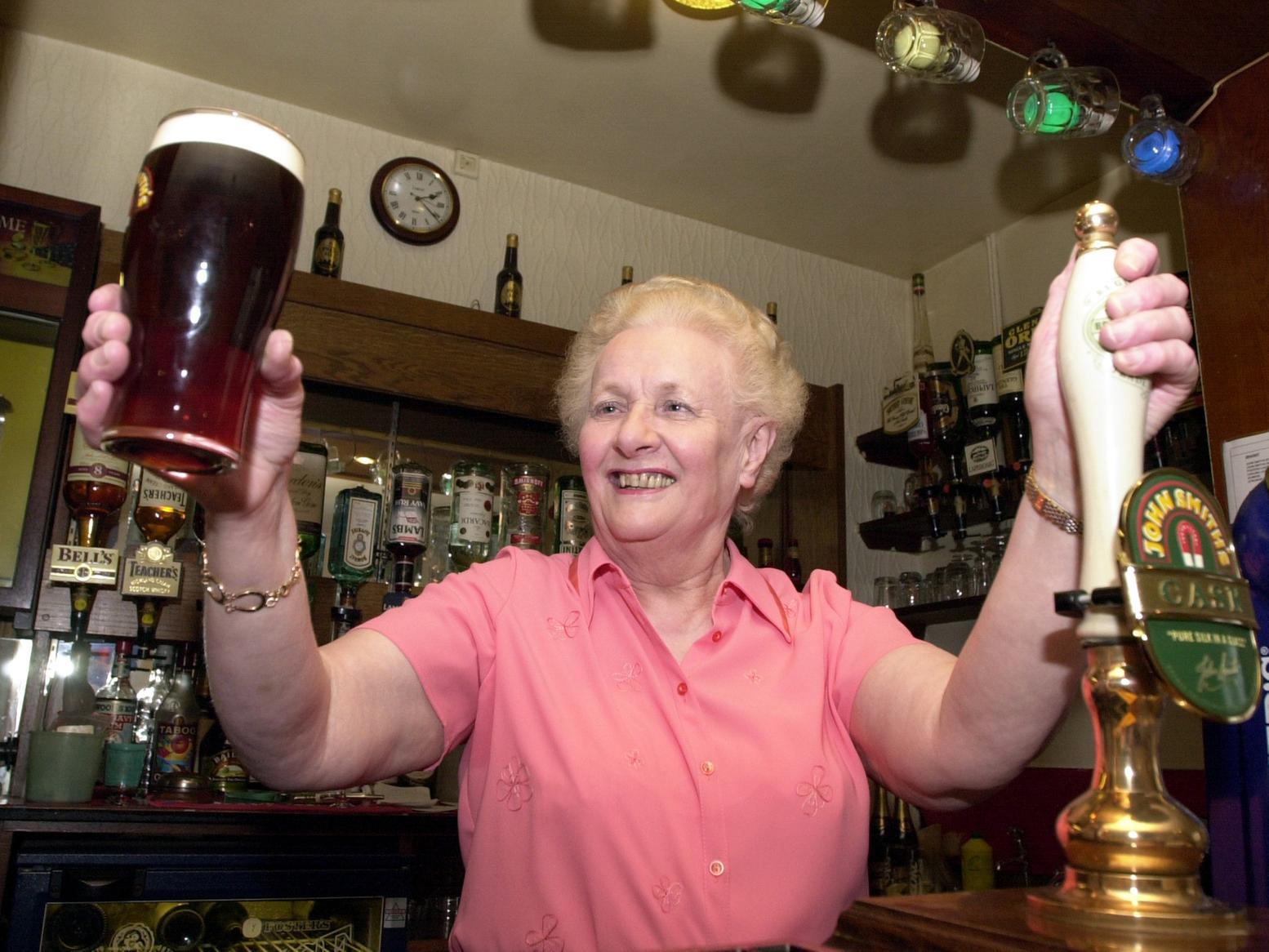 This is Adele Perkins who pulled her last pint at the Royal Oak in Aberford before retiring. She was born at the pub and lived and worked their all her life.