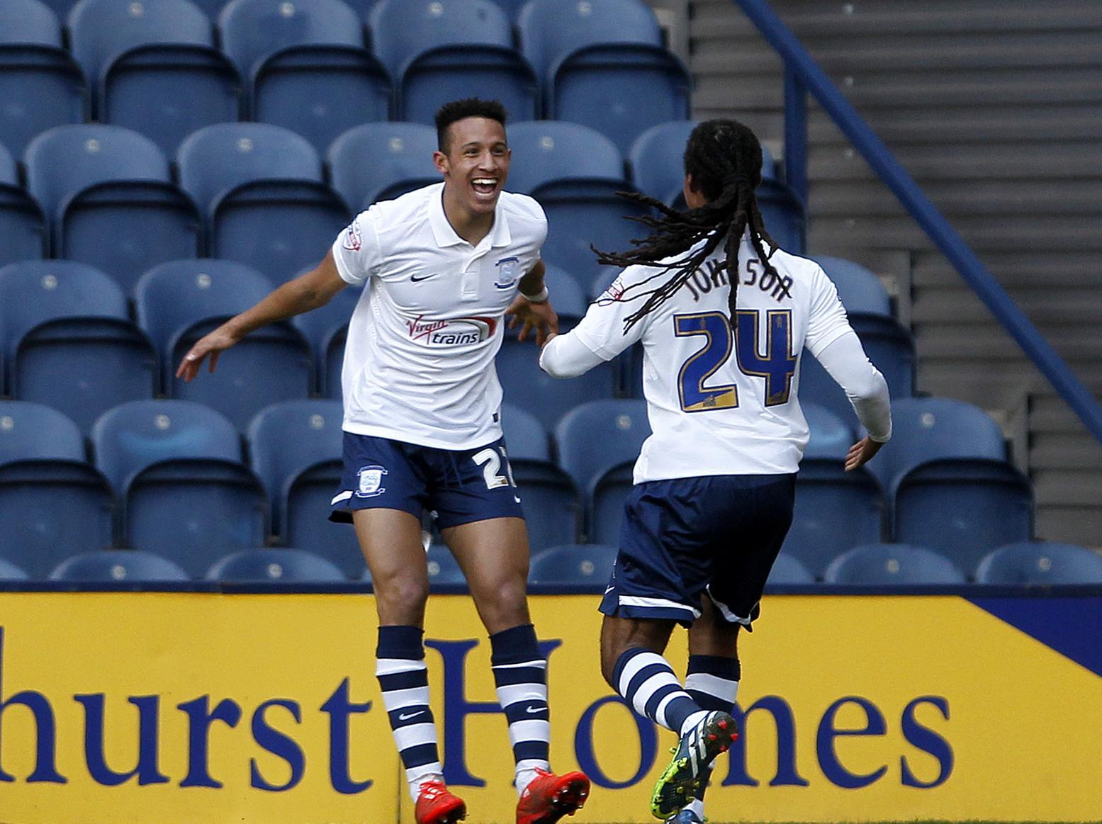 Daniel Johnson celebrates with Callum Robinson after scoring his first goal for PNE against Scunthorpe at Deepdale
