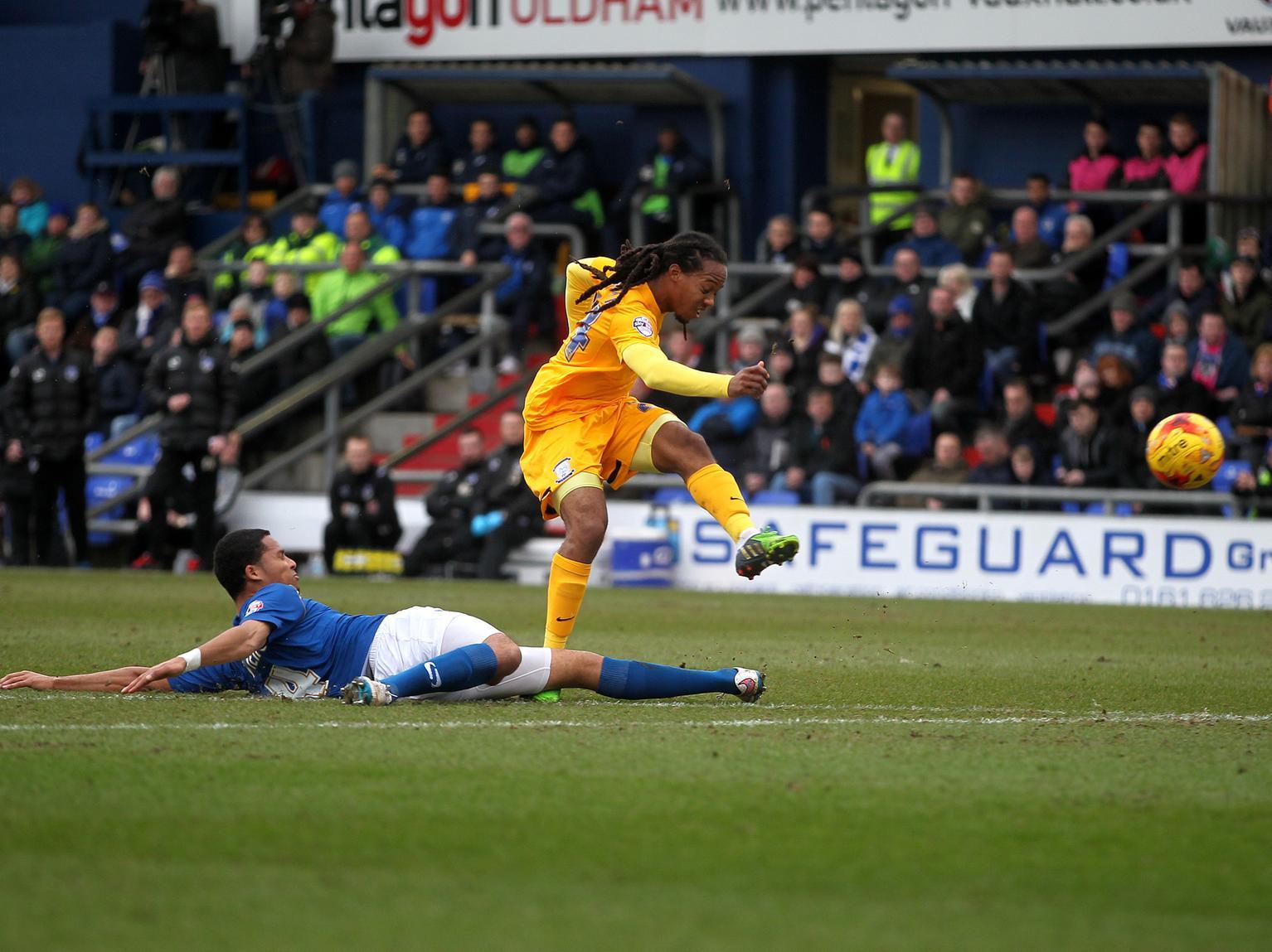 Daniel Johnson blasts home in PNE's 4-0 win at Oldham in February 2015