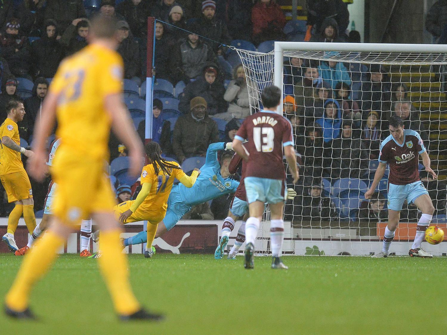 Daniel Johnson scores PNE's second goal against Burnley at Turf Moor in December 2015