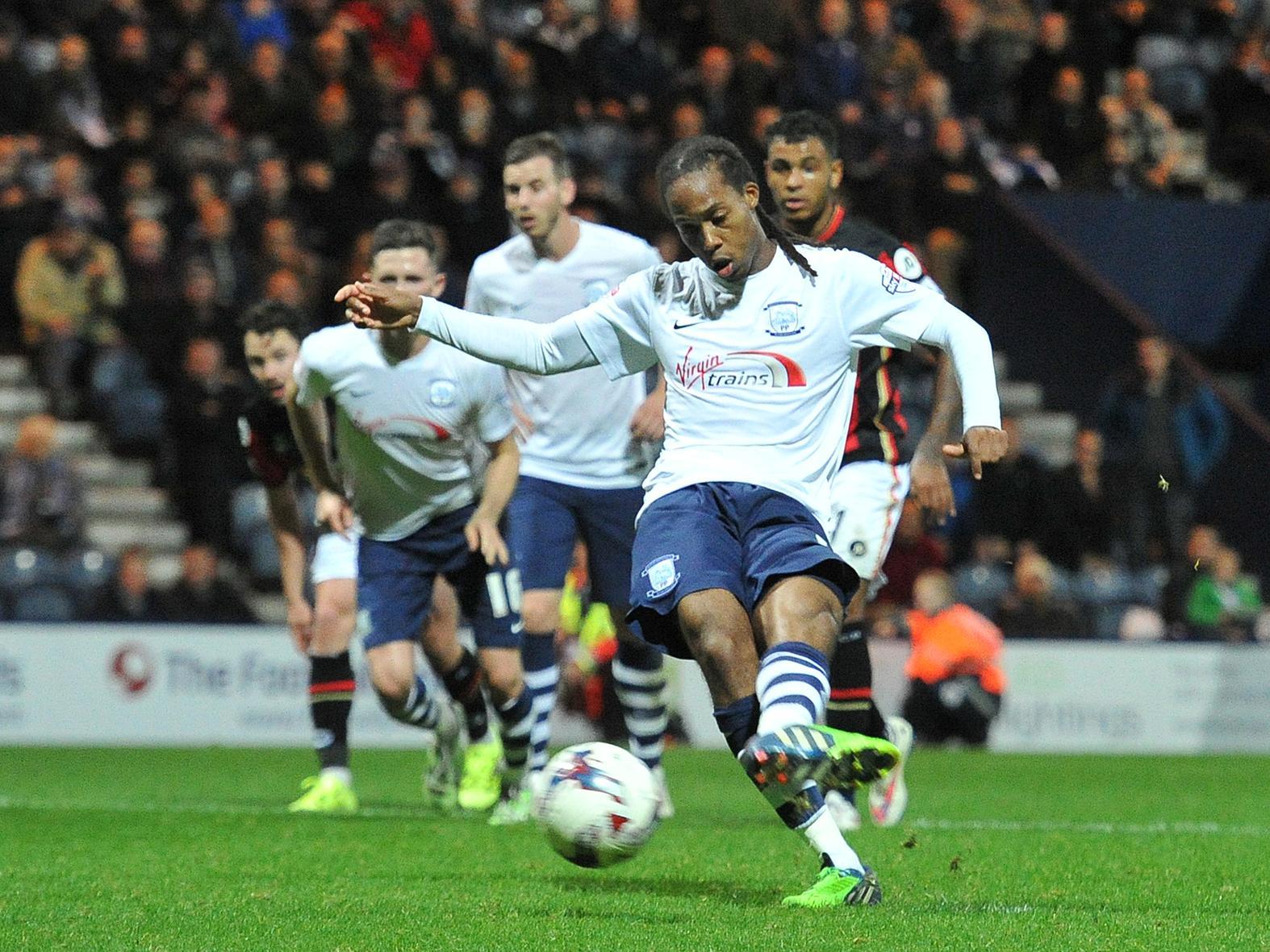 Daniel Johnson scores his first penalty for Preston in a League Cup clash against Bournemouth at Deepdale in September 2015