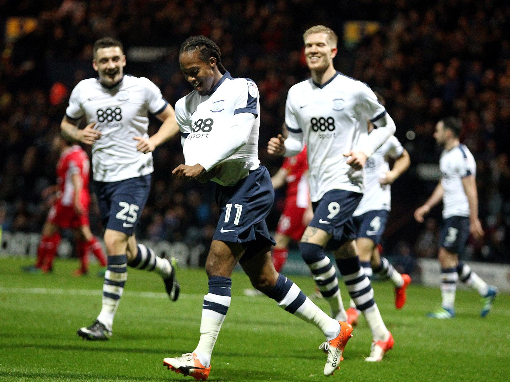 Daniel Johnson puts the ball under his shirt after scoring in the 3-2 win over Blackburn at Deepdale in November 2016 at Deepdale